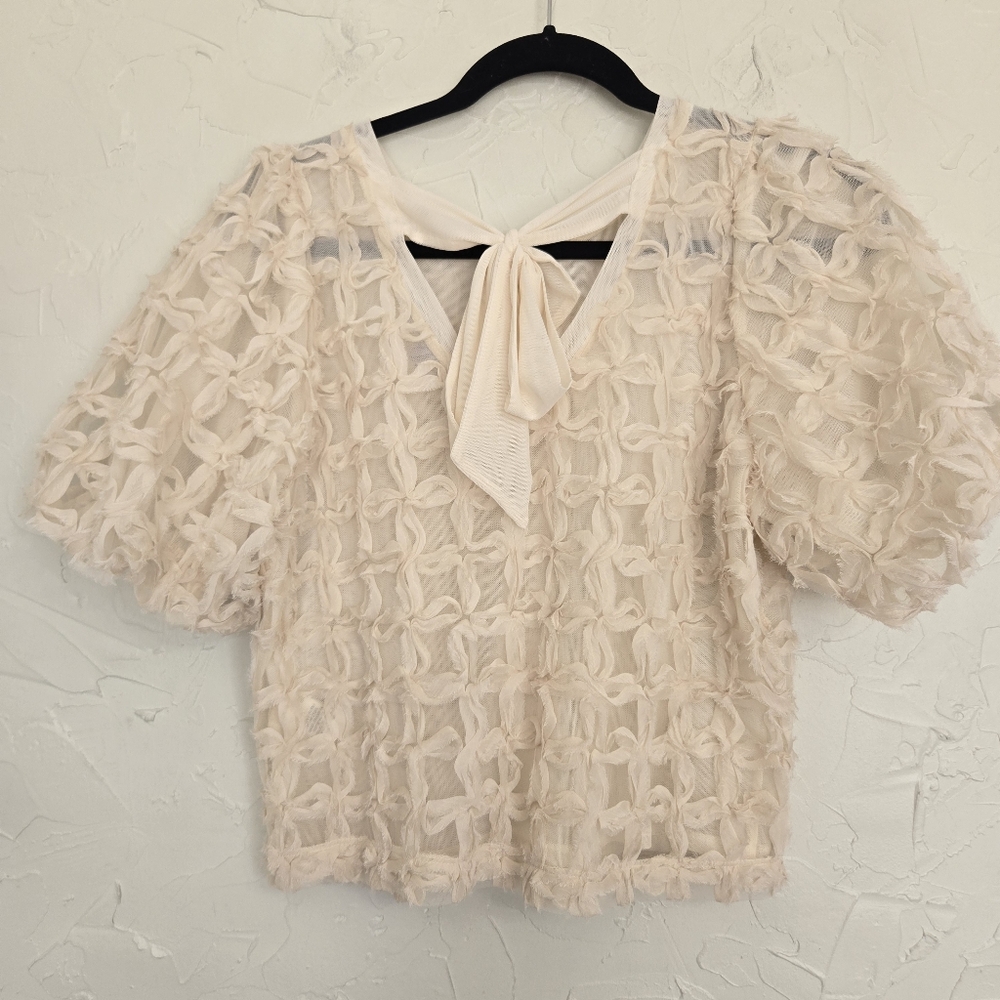 Anthro Sarah Hann Cream Tulle Karla Textured Puff Sleeve Top, S - Picture 7 of 12